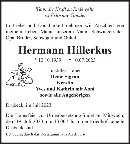Traueranzeige von Hermann Hillerkus von Volksstimme Wernigerode