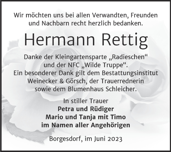 Traueranzeige von Hermann Rettig von Trauerkombi Bernburg
