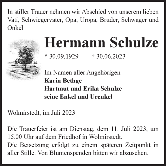 Traueranzeige von Hermann Schulze von Volksstimme Haldensleben/Wolmirstedt