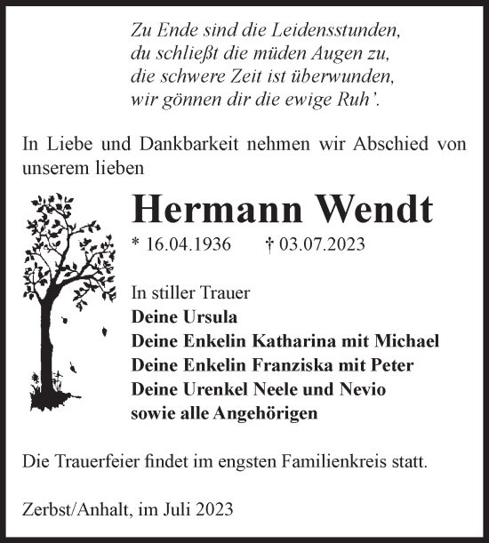 Traueranzeige von Hermann Wendt von Volksstimme Zerbst