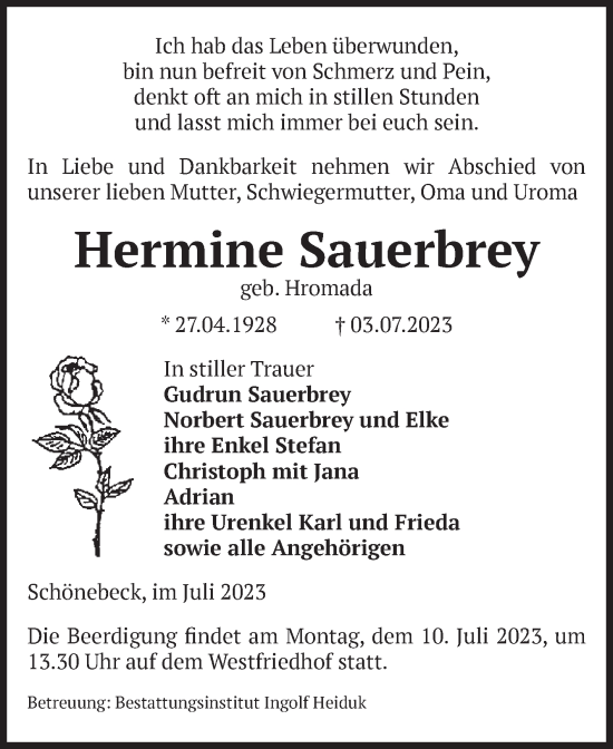 Traueranzeige von Hermine Sauerbrey von Volksstimme Schönebeck