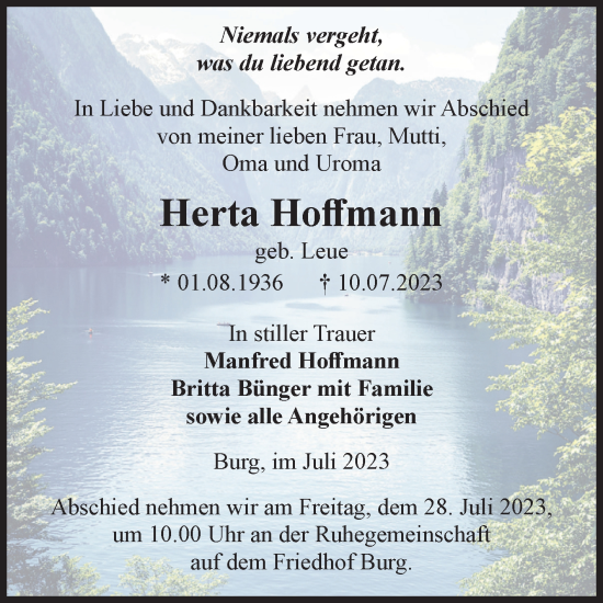 Traueranzeige von Herta Hoffmann von Volksstimme Burg/Genthin