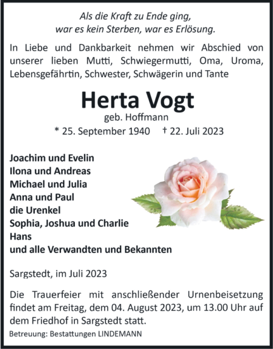 Traueranzeige von Herta Vogt von Volksstimme Halberstadt