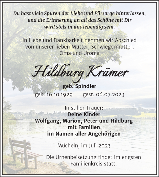 Traueranzeige von Hildburg Krämer von Trauerkombi Merseburg