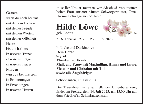 Traueranzeige von Hilde Löwe von Volksstimme Altmark Ost