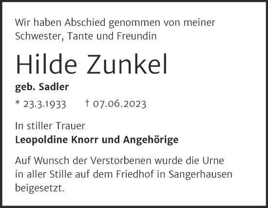 Traueranzeige von Hilde Zunkel von Trauerkombi Sangerhausen