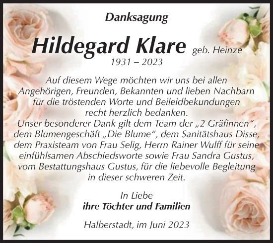 Traueranzeige von Hildegard Klare von Volksstimme Halberstadt