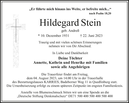 Traueranzeige von Hildegard Stein von Trauerkombi Quedlinburg