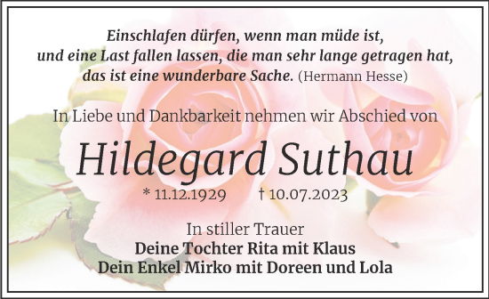 Traueranzeige von Hildegard Suthau von Trauerkombi Weißenfels