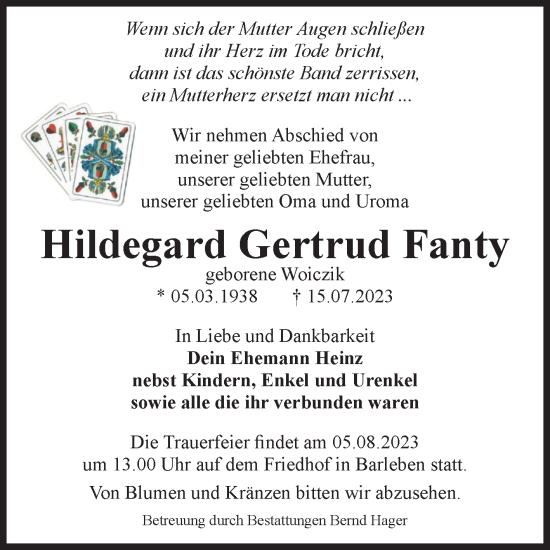 Traueranzeige von Hildegard Gertrud Fanty von Volksstimme Magdeburg