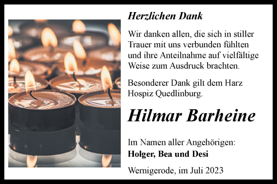 Traueranzeige von Hilmar Barheine von Volksstimme Wernigerode