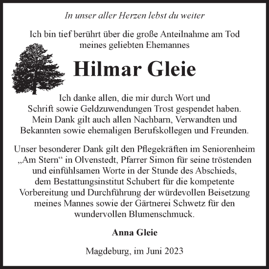 Traueranzeige von Hilmar Gleie von Volksstimme Magdeburg