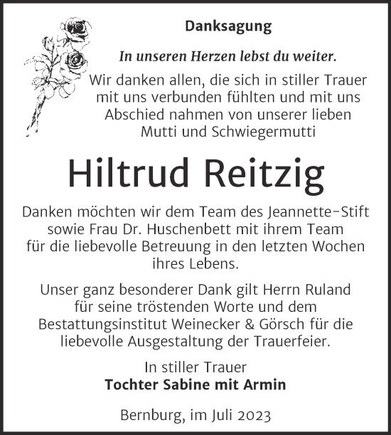 Traueranzeige von Hiltrud Reitzig von Trauerkombi Bernburg