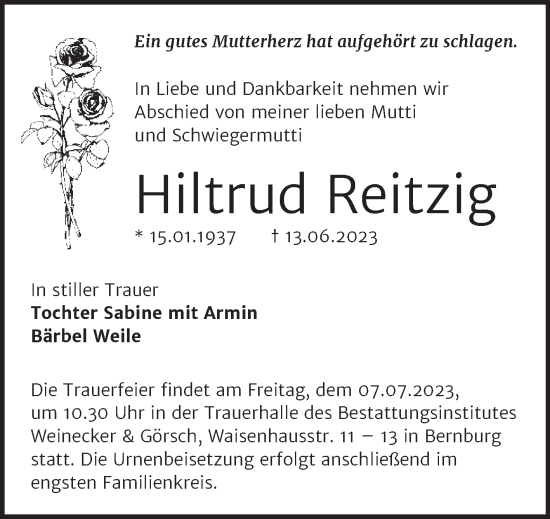 Traueranzeige von Hiltrud Reitzig von Trauerkombi Bernburg