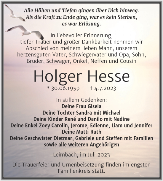 Traueranzeige von Holger Hesse von Trauerkombi Mansfelder Land