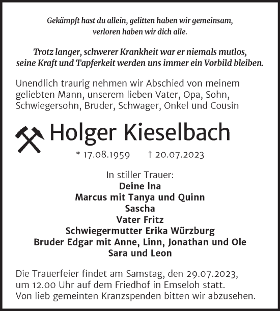 Traueranzeige von Holger Kieselbach von Mitteldeutsche Zeitung Sangerhausen