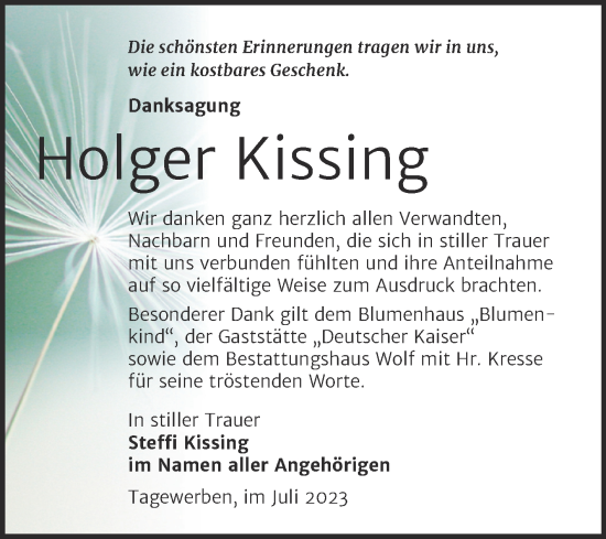 Traueranzeige von Holger Kissing von Trauerkombi Weißenfels