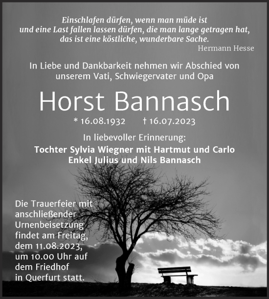 Traueranzeige von Horst Bannasch von Trauerkombi Merseburg