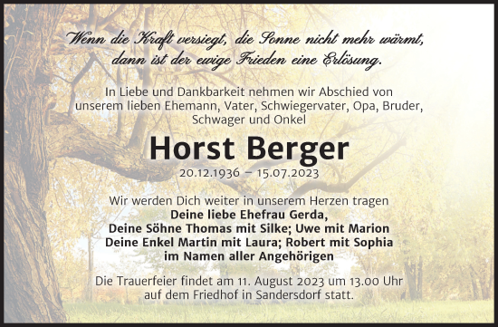 Traueranzeige von Horst Berger von Trauerkombi Bitterfeld