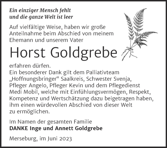 Traueranzeige von Horst Goldgrebe von Trauerkombi Merseburg