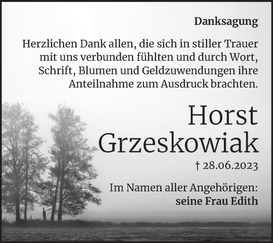 Traueranzeige von Horst Grzeskowiak von Trauerkombi Aschersleben
