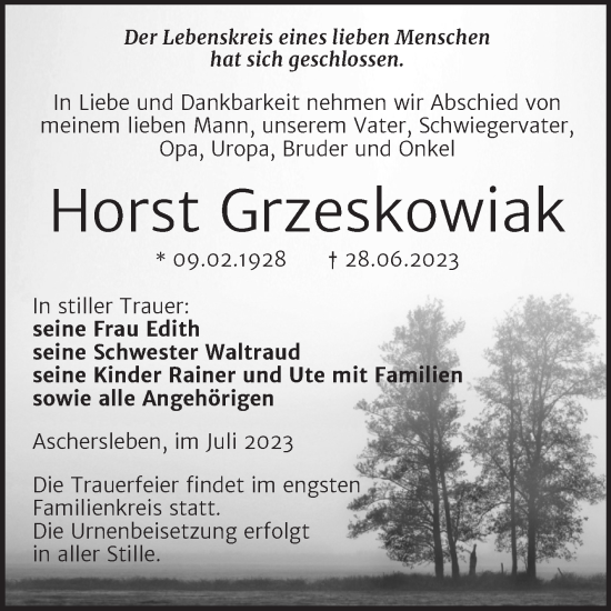 Traueranzeige von Horst Grzeskowiak von Mitteldeutsche Zeitung Aschersleben