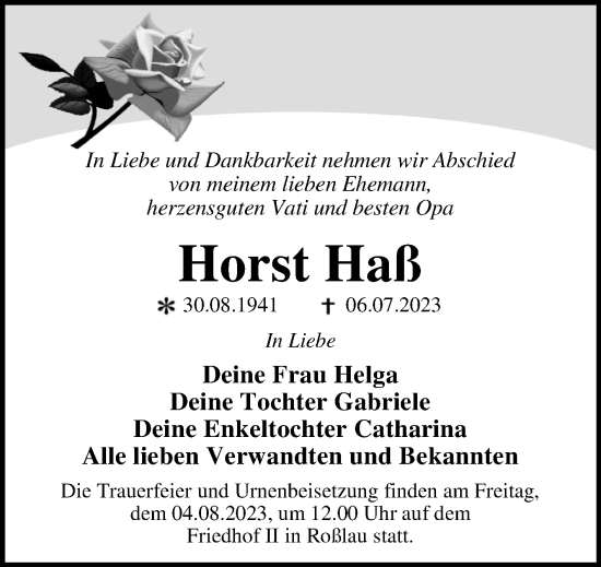 Traueranzeige von Horst Haß von Trauerkombi Dessau