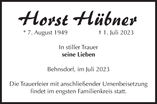 Traueranzeige von Horst Hübner von Volksstimme Haldensleben/Wolmirstedt
