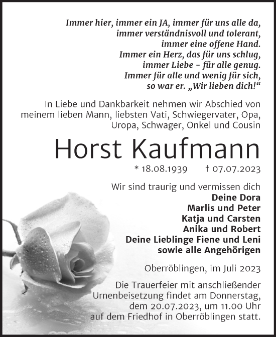 Traueranzeige von Horst Kaufmann von Trauerkombi Sangerhausen
