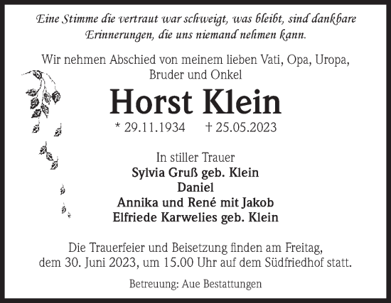 Traueranzeige von Horst Klein von Volksstimme Magdeburg