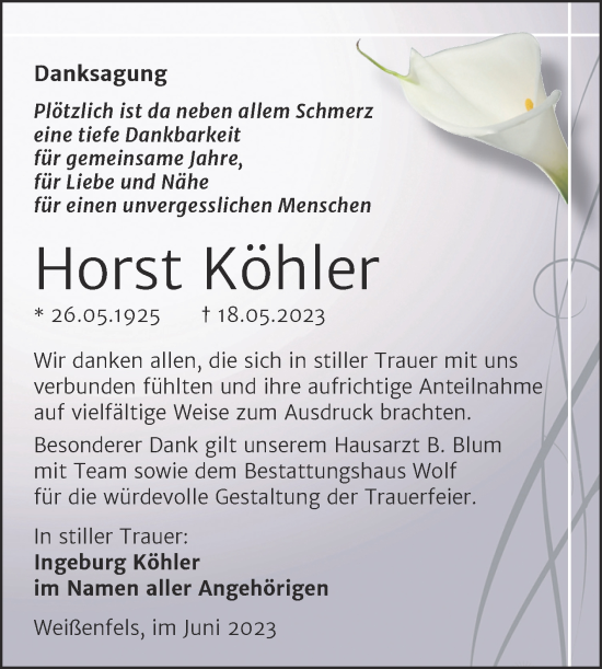 Traueranzeige von Horst Köhler von Trauerkombi Weißenfels