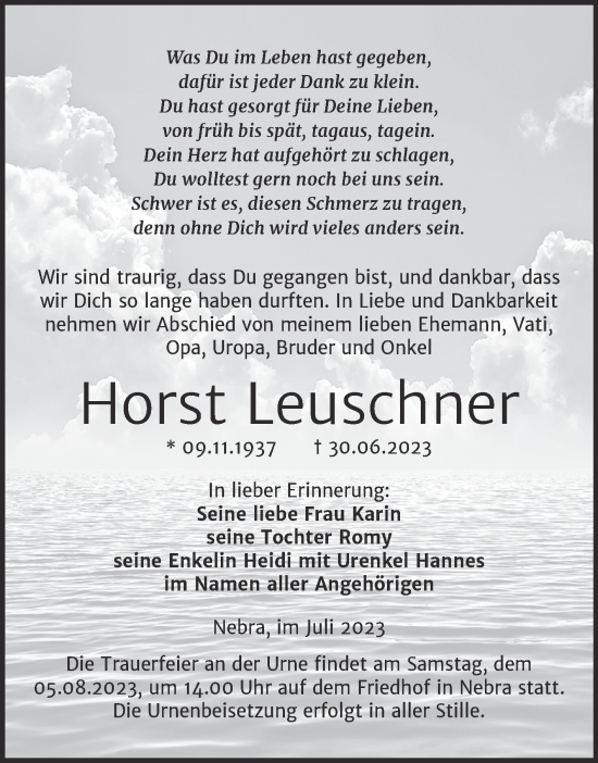 Traueranzeige von Horst Leuschner von Wochenspiegel Naumburg/Nebra