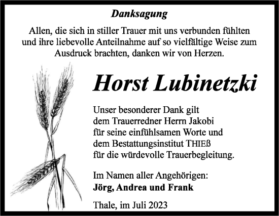 Traueranzeige von Horst Lubinetzki von Volksstimme Halberstadt