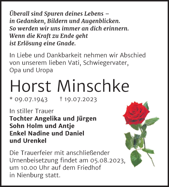 Traueranzeige von Horst Minschke von Trauerkombi Bernburg