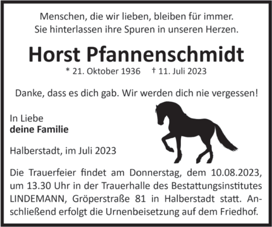 Traueranzeige von Horst Pfannenschmidt von Volksstimme Halberstadt