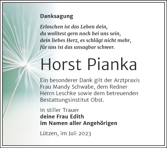 Traueranzeige von Horst Pianka von Trauerkombi Weißenfels