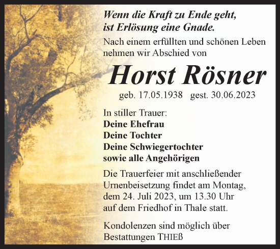 Traueranzeige von Horst Rösner von Trauerkombi Quedlinburg