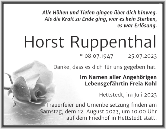 Traueranzeige von Horst Ruppenthal von Trauerkombi Mansfelder Land
