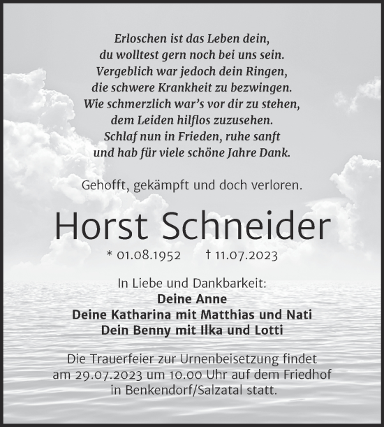 Traueranzeige von Horst Schneider von Mitteldeutsche Zeitung Halle/Saalkreis