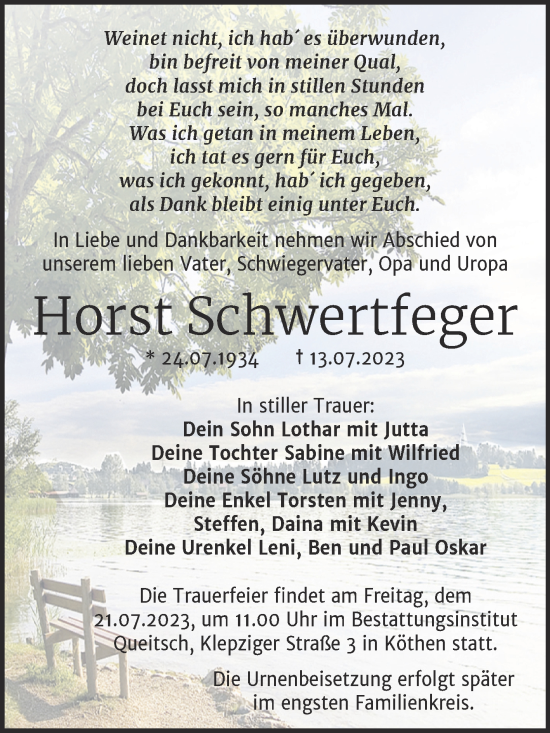 Traueranzeige von Horst Schwertfeger von Trauerkombi Köthen