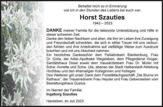 Traueranzeige von Horst Szauties von Volksstimme Halberstadt