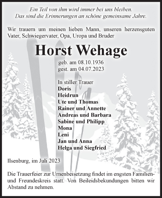 Traueranzeige von Horst Wehage von Volksstimme Wernigerode