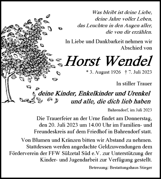 Traueranzeige von Horst Wendel von Volksstimme Oschersleben/Wanzleben