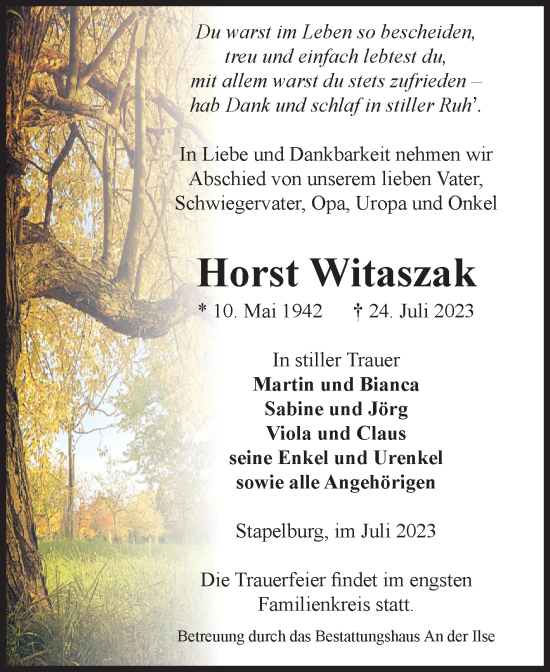 Traueranzeige von Horst Witaszak von Volksstimme Wernigerode