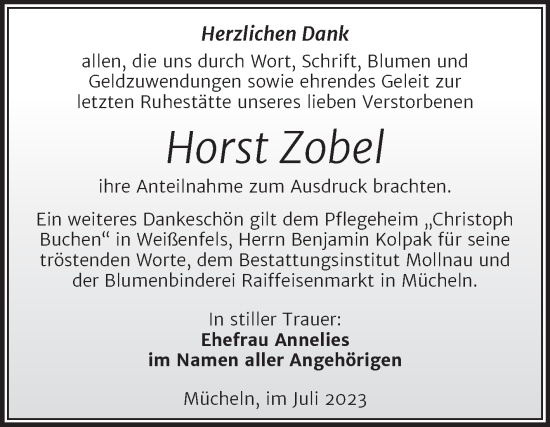 Traueranzeige von Horst Zobel von Trauerkombi Merseburg