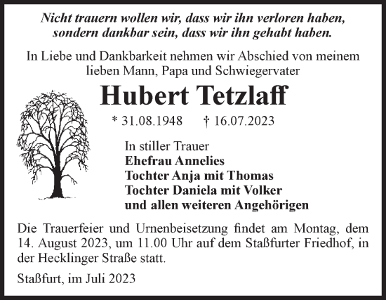 Traueranzeige von Hubert Tetzlaff von Volksstimme Staßfurt