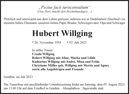 Traueranzeige von Hubert Willging von Volksstimme Burg/Genthin