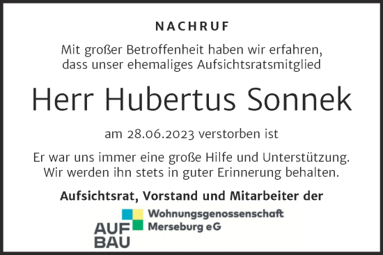 Traueranzeige von Hubertus Sonnek von Mitteldeutsche Zeitung Merseburg/Querfurt