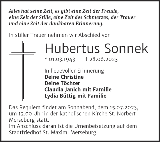 Traueranzeige von Hubertus Sonnek von Trauerkombi Merseburg