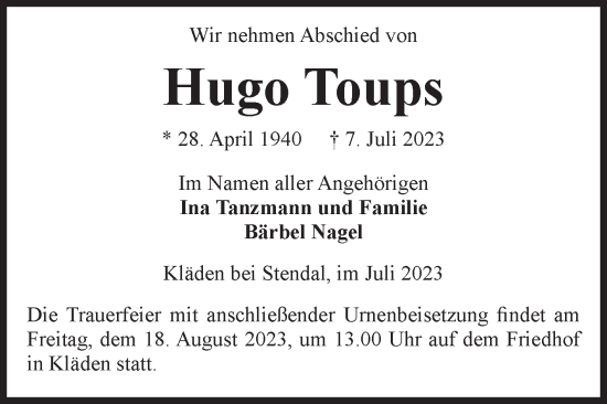 Traueranzeige von Hugo Toups von Volksstimme Altmark Ost